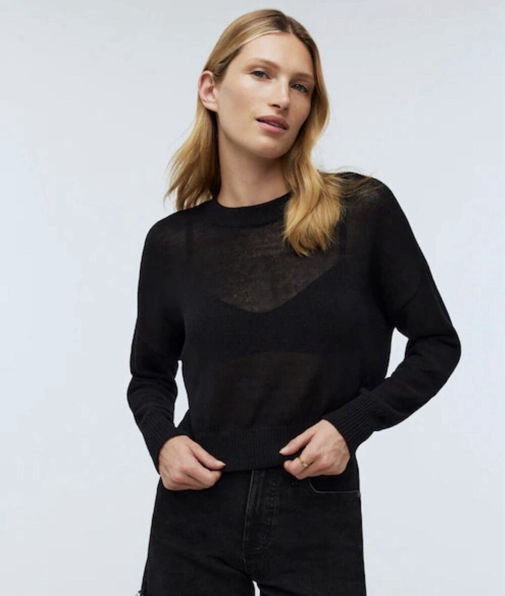Madewell Black Semi Sheer Open Knit Cropped Crewneck Sweater Size M